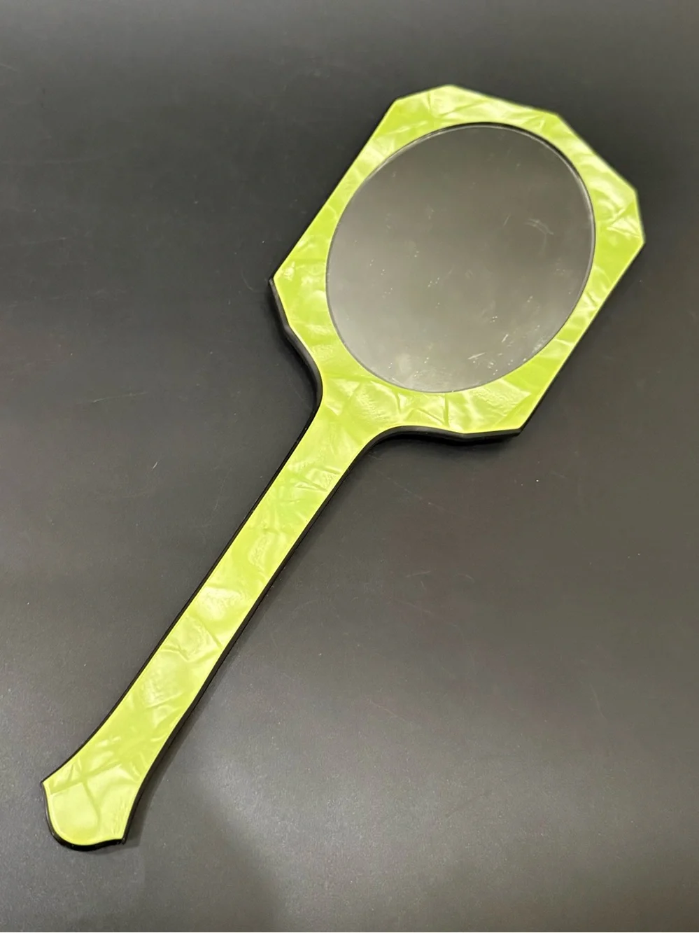 Vintage Art Deco Pearlized Lime Green Celluloid or Lucite Hand Held Mirror